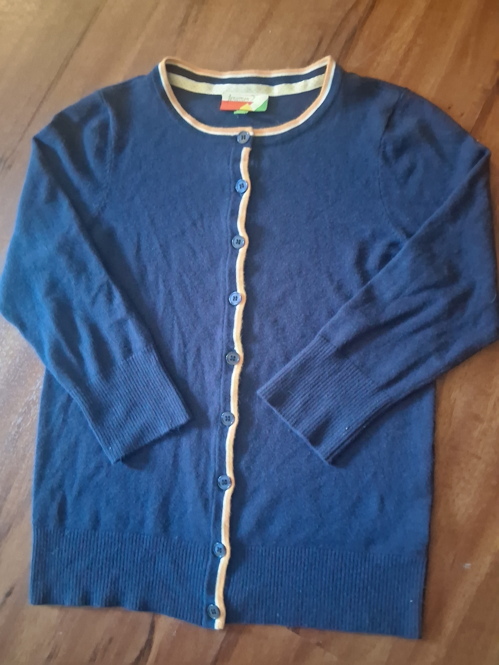 Women's Navy Blue Button-Front Cardigan with Cream Trim